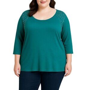 Avenue Womens Teal Scoop Neck Top With Rhinestone Accents Size 18/20